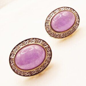 LAVENDER JADE W/ DIAMONDS OVAL CABOCHON 14K SOLID GOLD PIERCED EARRINGS 35